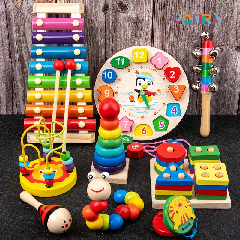 Juguetes Montessori de madera 9 en 1, sonajero, campana, tambor, columna, instrumentos musicales sensoriales, juguete para bebé temprano, educación para niños pequeños