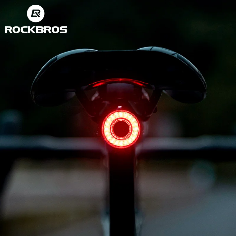 Rockbros luz traseira de bicicleta inteligente, luzes traseiras de bicicleta ipx6 à prova d'água para passeios noturnos com tipo c recarregável