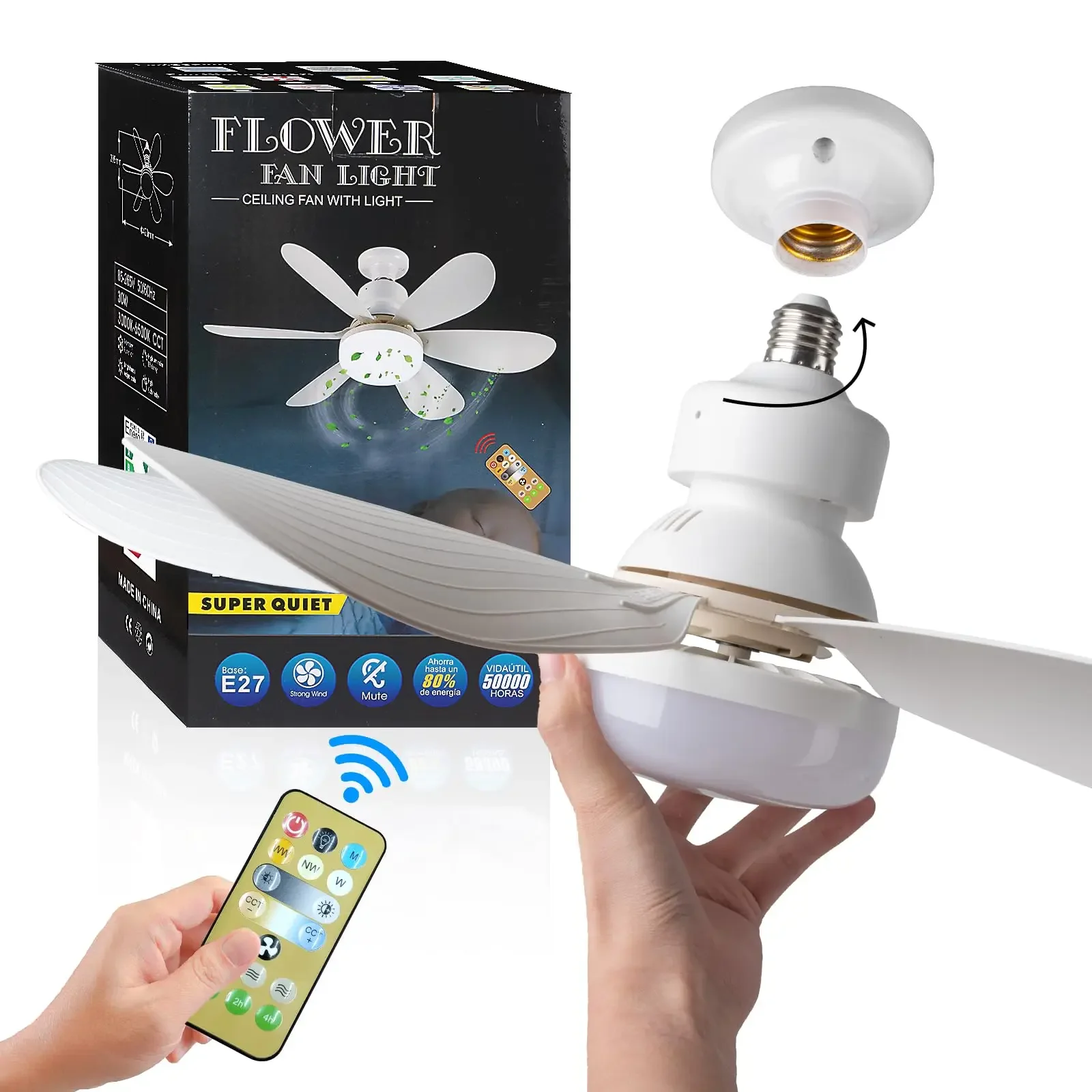 Ventilatore da soffitto LED 40W E27 con telecomando per attenuazione, adatto per soggiorno, studio, uso domestico, 85-265V
