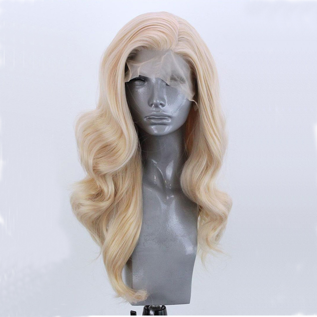 Peruca longa ondulada loira sintética com renda frontal para mulheres Gloden Blonde Drag Queen Wig