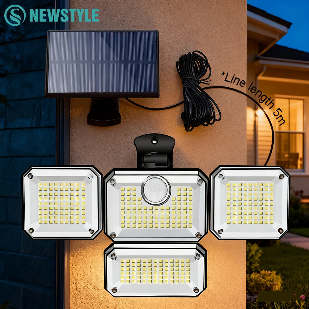 Solarne lampy zabezpieczające 333/288 LED z czujnikiem ruchu, 4 głowice, lampy ścienne, wodoodporne, na dziedziniec, patio, do ogrodu, garażu