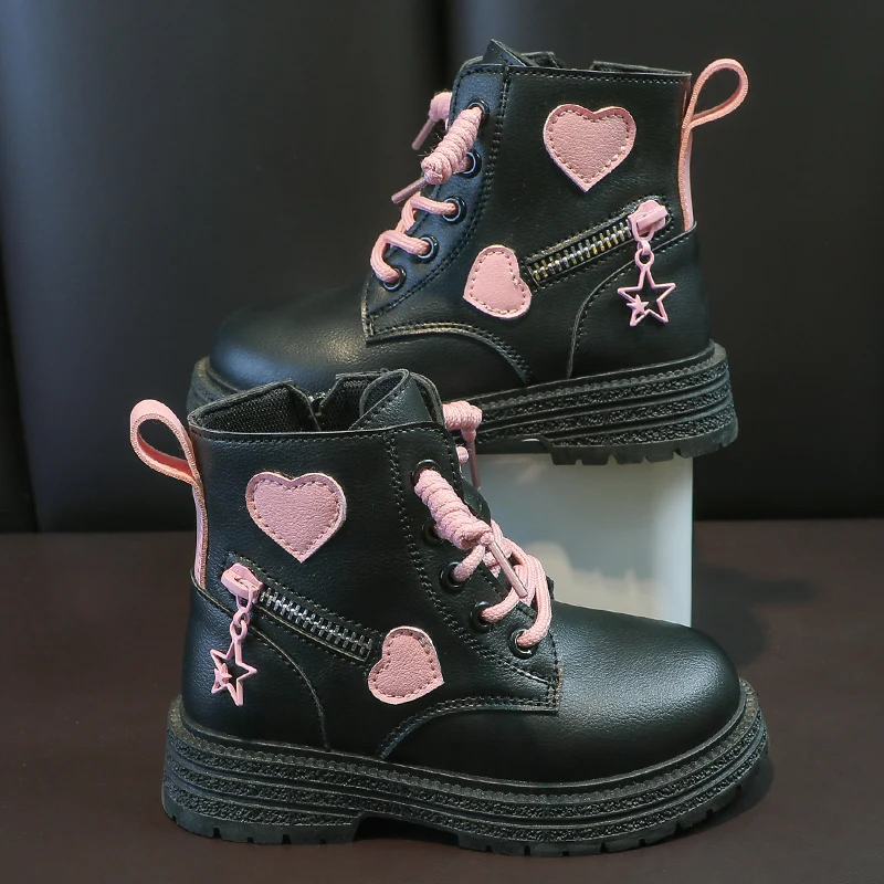 Meninas botas crianças moda botas de borracha legal menina outono e inverno algodão sola macia rosa com amor lado zip princesa dedo do pé redondo plutônio