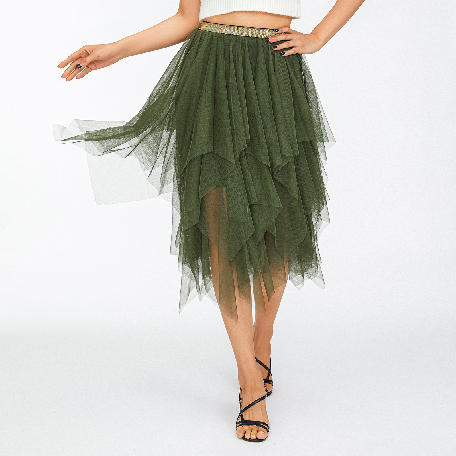 Frauen Grün Midi Röcke Einfarbig Elastische Hohe Taille Unregelmäßige Rüschen Multi-Layered Tüll Tutu Röcke Weibliche Hohe Streetwear