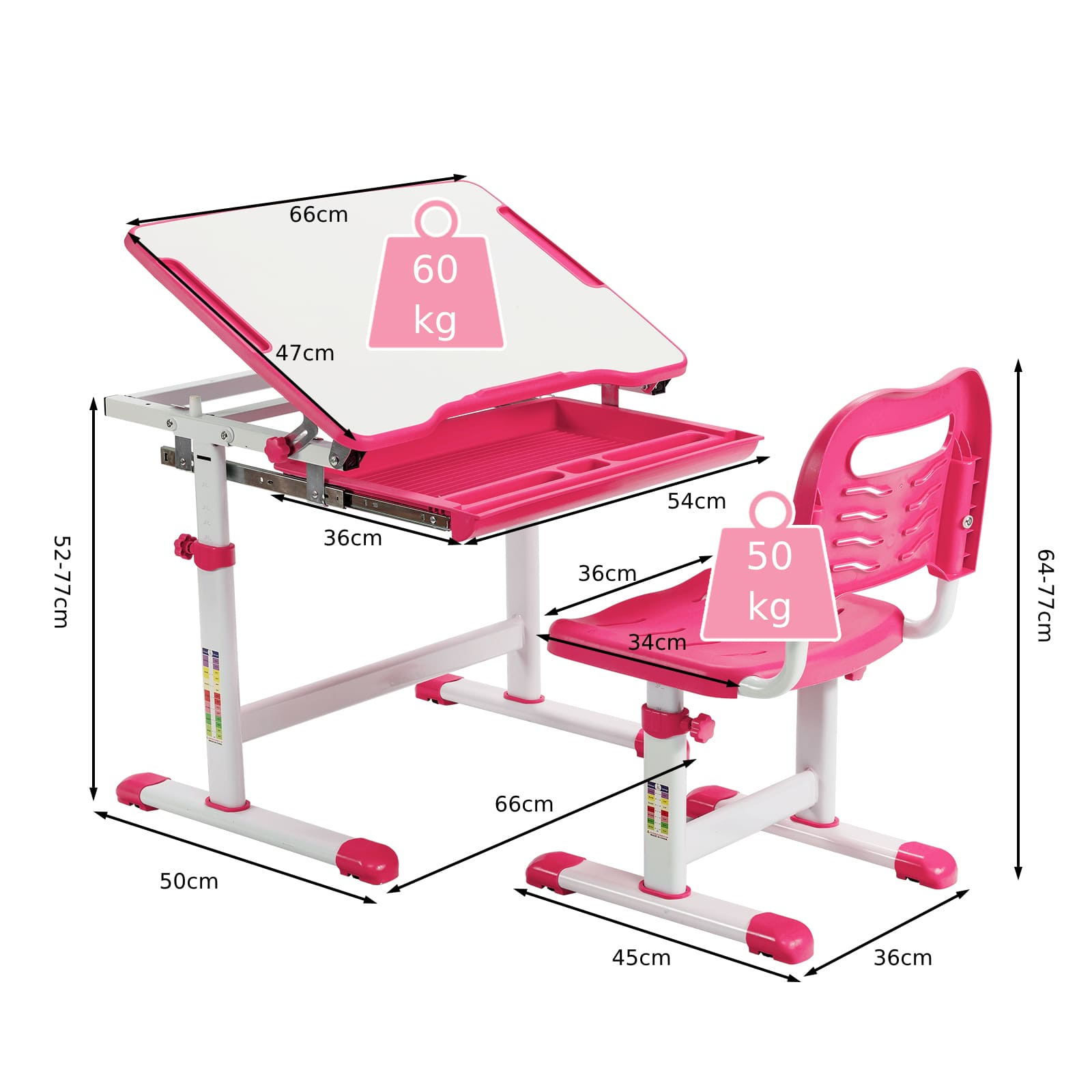 GOFLAME Kids Desk & Chair Set, Height Adjustable Study Table with Tilting Tabletop, Large Pull-out Drawer & Metal Hook