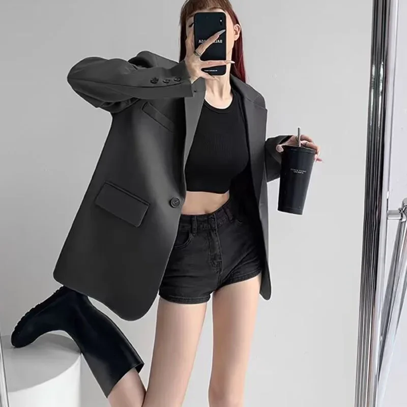 Lucyever เสื้อเบลเซอร์ผู้หญิงวินเทจ, เสื้อเบลเซอร์แขนยาวทรงหลวมเสื้อโค้ทใส่ทำงานลำลองมีกระดุมเม็ดเดียว