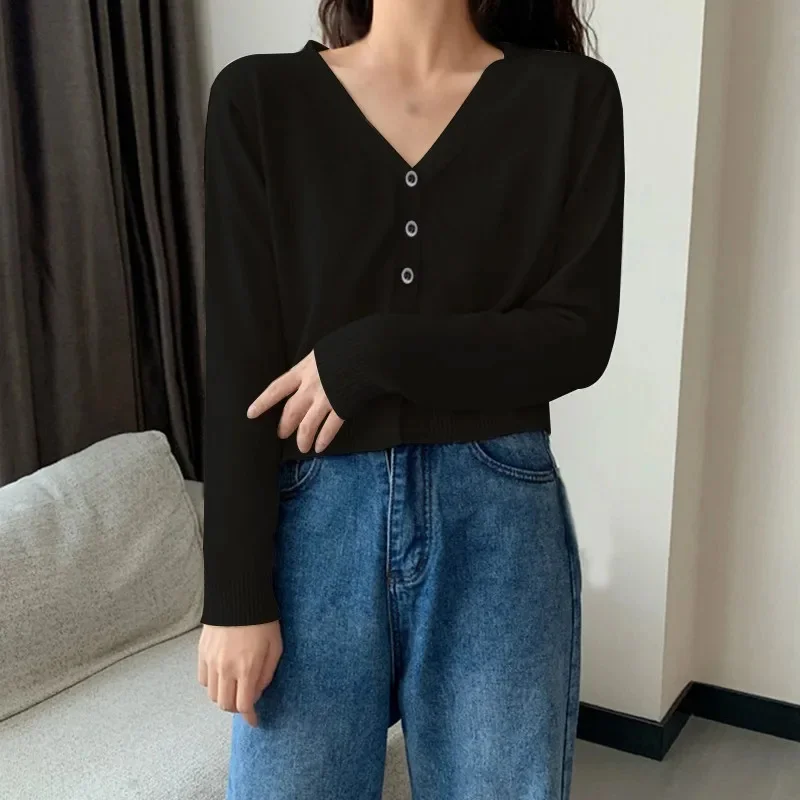 Frauen Langarm Abgeschnitten Strickjacke V-ausschnitt Button-Down-Stricken Dame Herbst Frühling Gestrickte einreiher Strickjacke Pullover