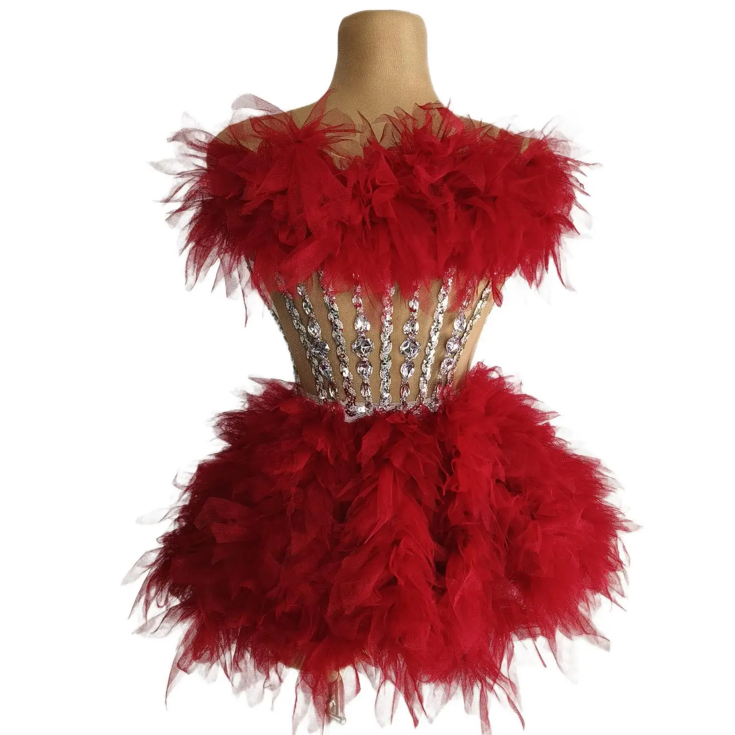 Baozha-vestido de fiesta de cumpleaños para mujer, traje de lujo con diamantes de imitación, malla transparente, color rojo, negro, 2024