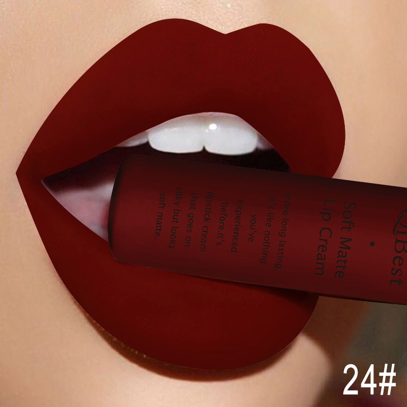 QIBEST-brillo de labios mate de terciopelo para mujer, lápiz labial líquido, belleza, rojo, desnudo, resistente al agua, maquillaje de manchas de labios de larga duración