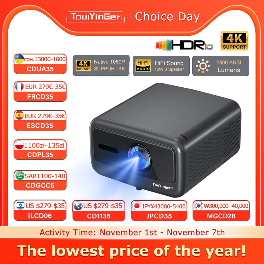 Touyinger Q12W pro 2800ANSI Full HD 4K Tela Dupla Wifi Bluetooth Projetor de Home Theater Inteligente