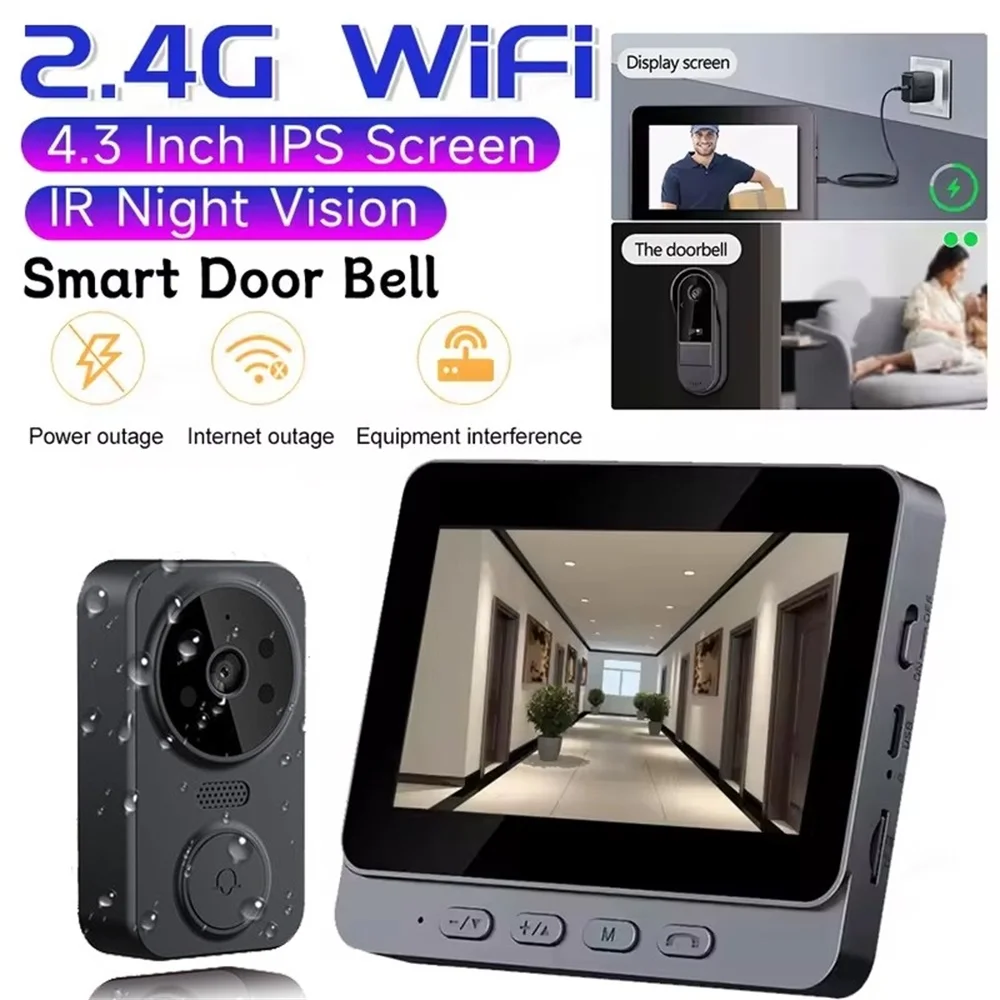 Bezprzewodowy zestaw kamery dzwonkowej z inteligentnym systemem bezpieczeństwa, noktowizorem, WiFi 2.4G, detekcją ruchu HD i przechowywaniem w chmurze.