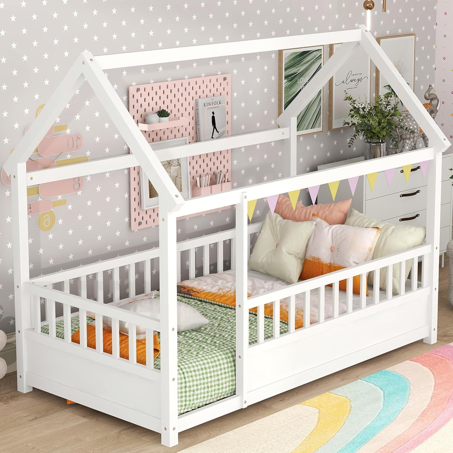 Bed Twin Size, Twin Floor Bed with High Fence, House Bed for Kids, Girls, Boys, Wood Montessori Floor Bed Without Slats(White Tw