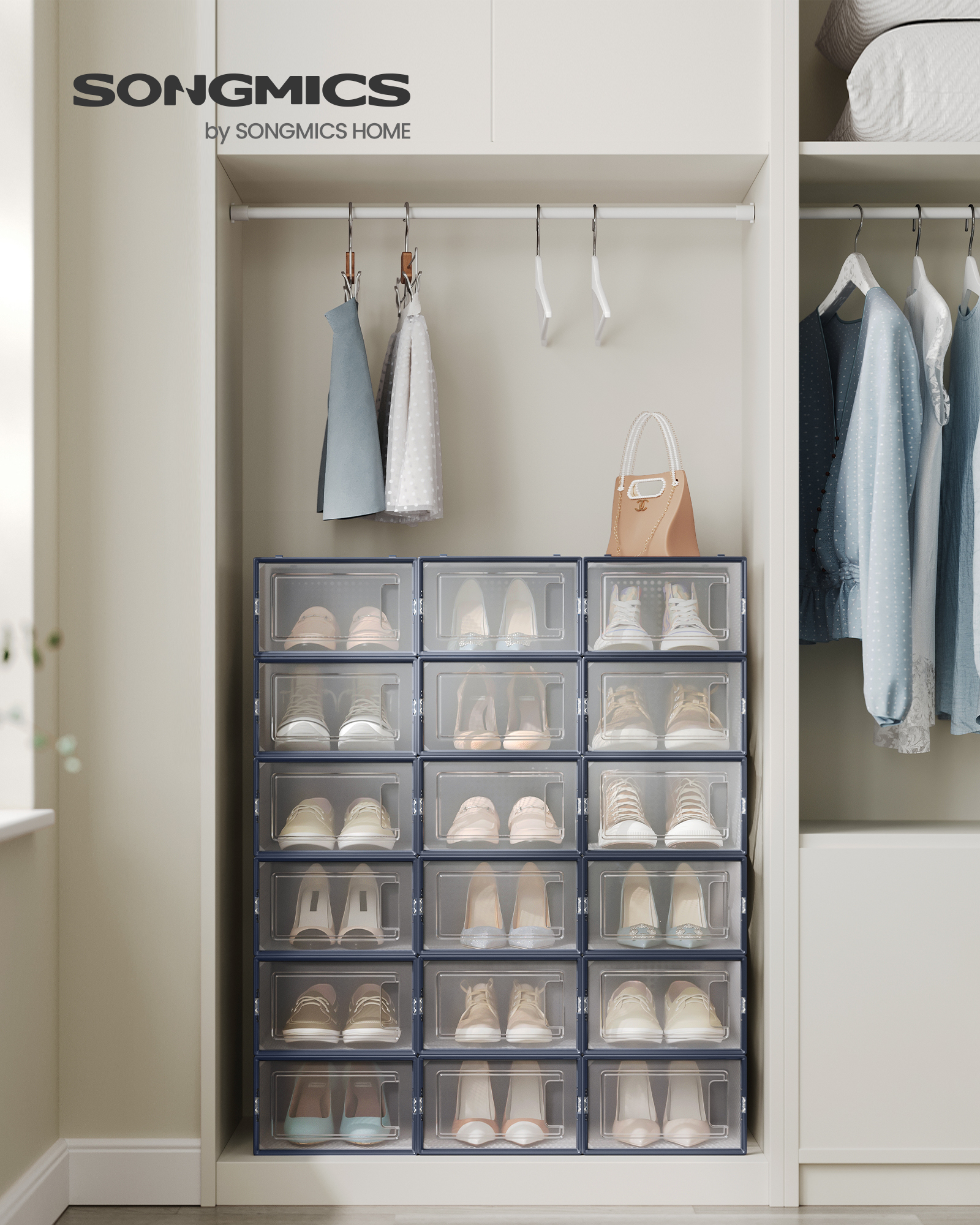 SONGMICS Boîtes à Chaussures, Lot de 18, Rangement Chaussures, Pliable, pour Pointure Jusqu’à 44