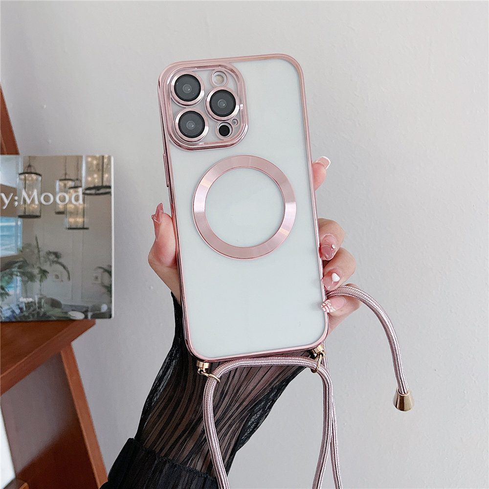 Chapado magnético transparente para fundas de carga inalámbrica Magsafe para iPhone 16 15 14 11 12 13 Pro Max, funda para collar con cordón cruzado