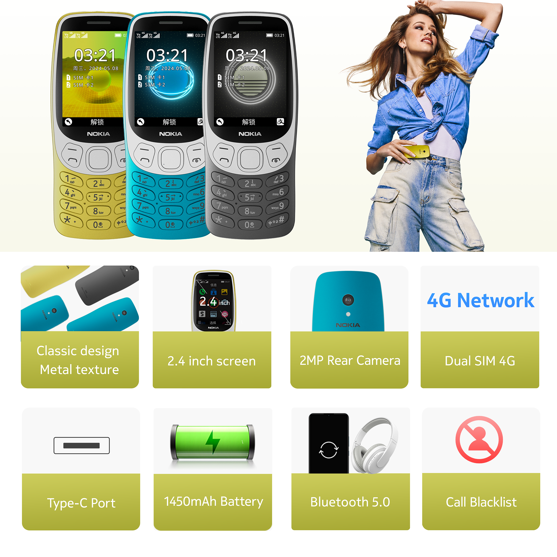 2024 nuevo Nokia 3210 4G característica teléfono Dual SIM 2,4 "puerto tipo C Bluetooth 5,0 Radio FM 1450mAh mejor botón pulsador teléfono móvil