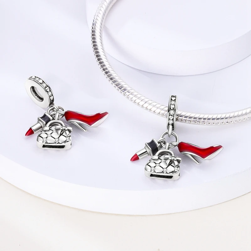 Original 925 prata esterlina vermelho charme contas vinho tinto pimenta haltere pingente para mulher caber diy pulseira aniversário jóias presente