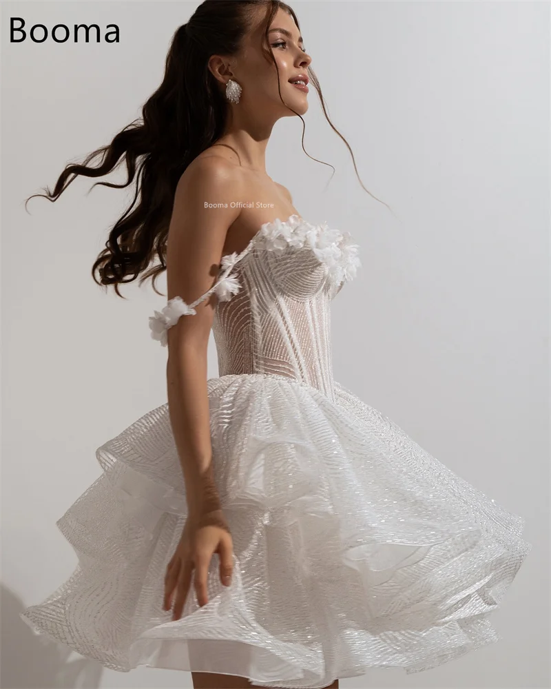 Booma A-Line ชุดแต่งงานเรียบง่ายปิดไหล่ดอกไม้ MINI SHINY Elegant Brides Gown CUSTOM Made 2025