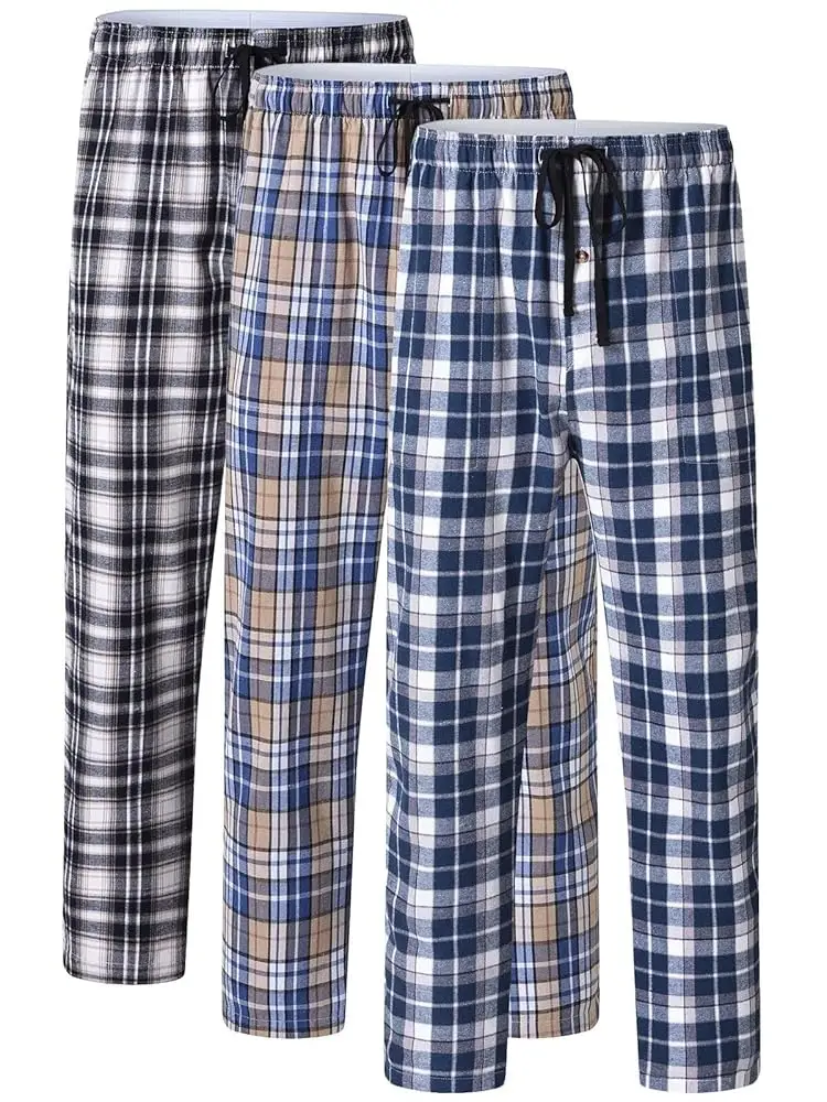 3 pçs masculino 100% algodão xadrez pijama calças de dormir, longo xadrez impressão pijamas calças com cintura elástica homewear