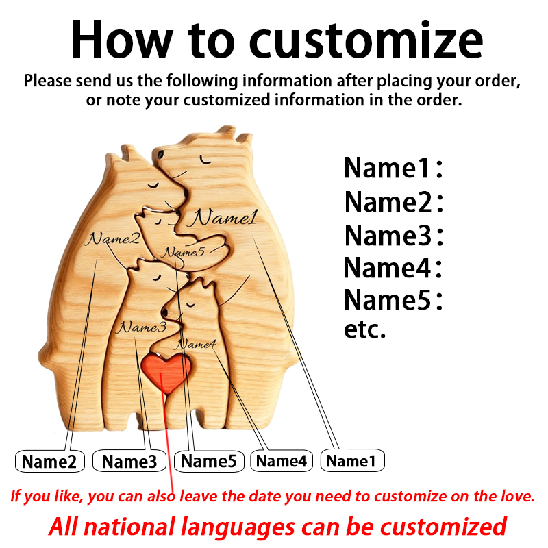 Rompecabezas familiar de oso de madera artístico, nombre personalizado, decoración personalizada para el hogar, regalo de inauguración del corazón de Navidad de Acción de Gracias para mamá bebé