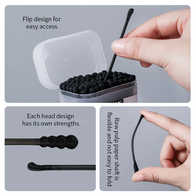Dual-ended dual-ใช้ 2-in-1 สีดําผ้าฝ้ายช้อนหูเครื่องสําอางในครัวเรือนทิ้งผ้าฝ้าย Swabs ทําความสะอาดหูกลวง 100 PC