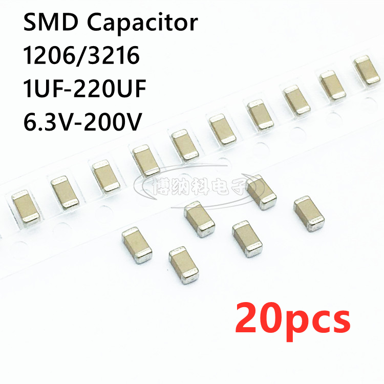 20 шт. 1206 SMD конденсатор 1 мкФ 2,2 мкФ 4,7 мкФ 10 мкФ 22 мкФ 47 мкФ 100 мкФ 220 мкФ 6,3 В 10 В 16 В 25 В 35 В 50 В 63 В 100 В 200 В X7R X5R ± 10% ± 120%