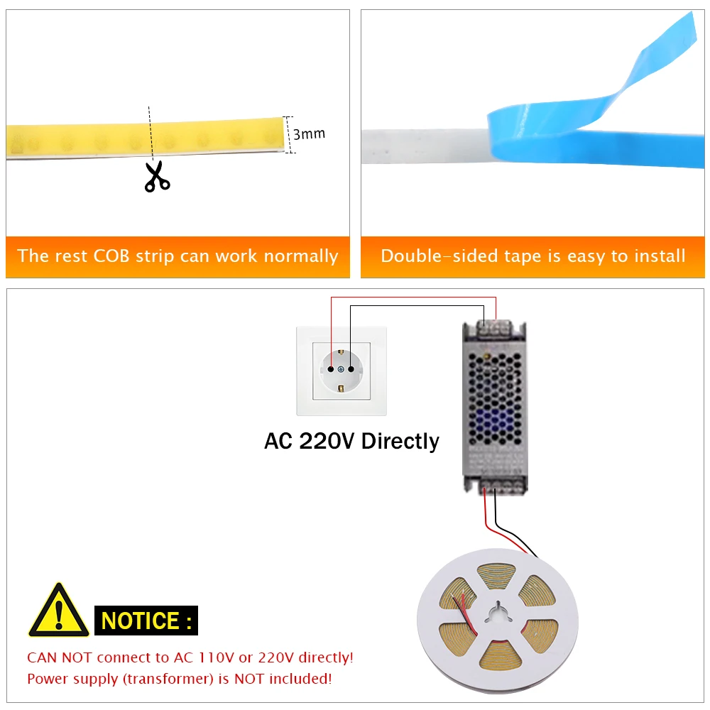 DC 5V 12V 24V COB LED Strip 320 384 480 528 LEDs/m ความหนาแน่นสูงยืดหยุ่น COB LED เทปแถบแสง 3 มม.5 มม.8 มม.PCB Linear Light