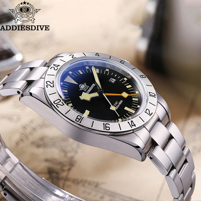 ADDIESDIVE GMT นาฬิกาผู้ชาย 39mm DIVER Luminous ปฏิทินสแตนเลส 20ATM นาฬิกาควอตซ์ Reloj Hombre