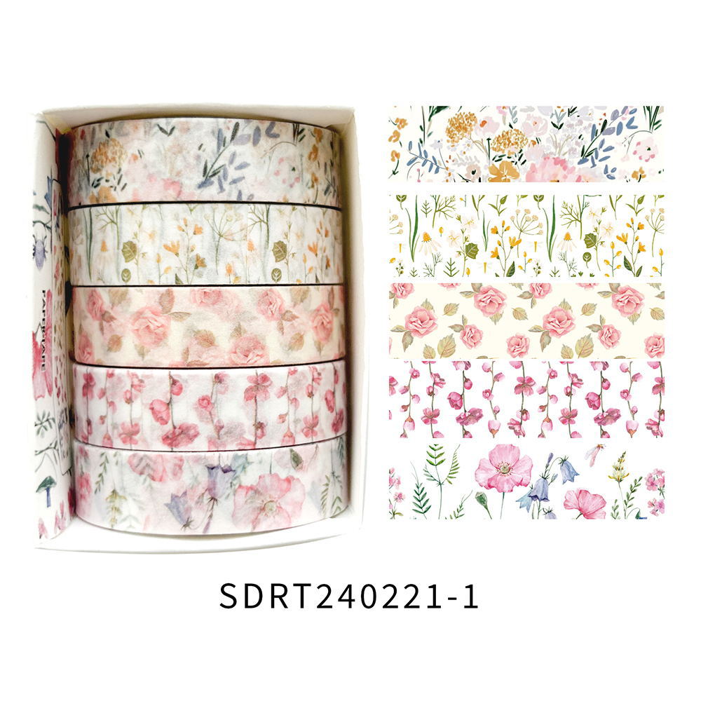 5 Rolls/set Aesthetics Floral Decorative Adhesive Tape Flower Washi Tape DIY Scrapbooking Material Sticker Label Stationery