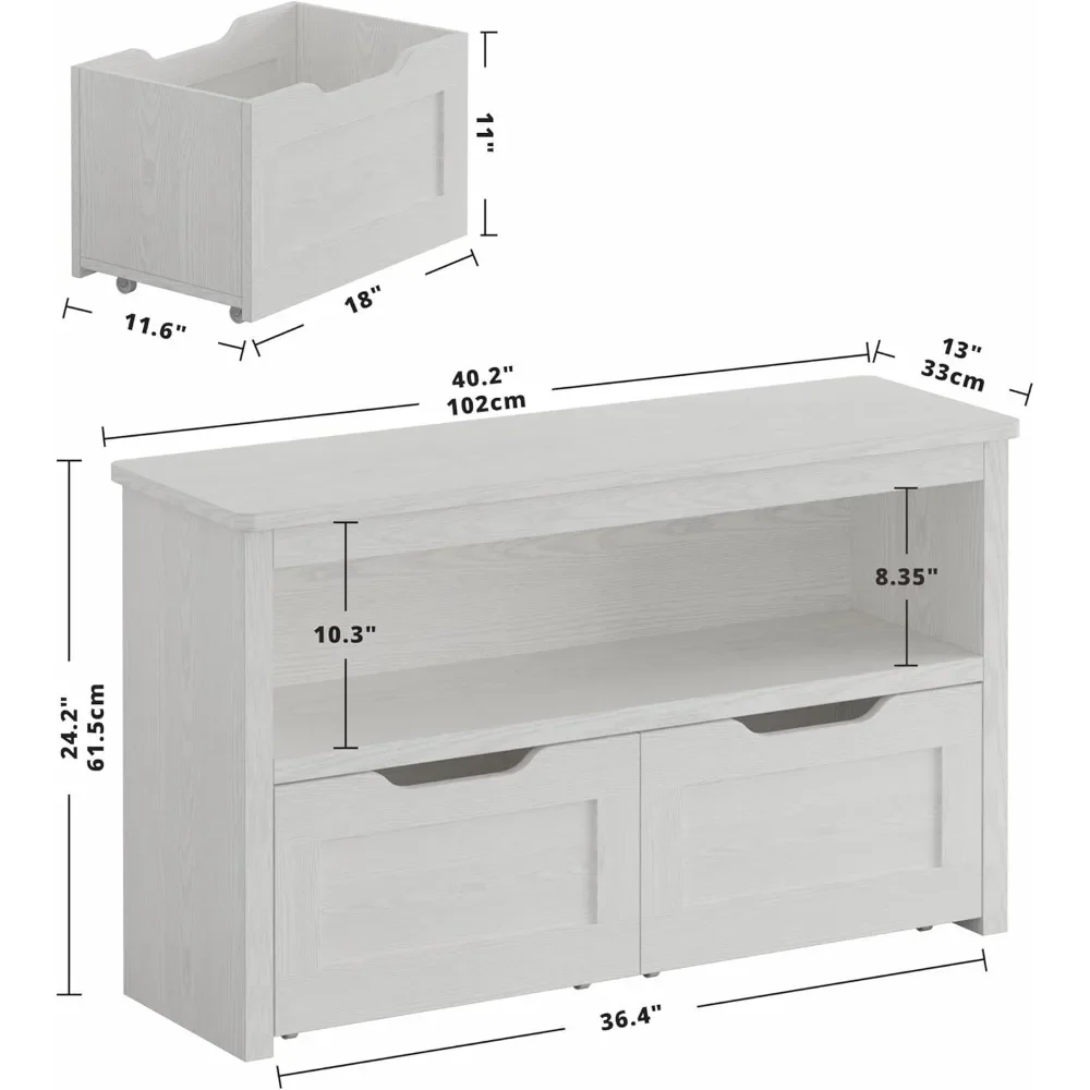 Toy Storage Organizer with Drawers, Floor Toy Box with Wheels and Open Shelf, Storage Chest for Nursery, Playroom and Bedroom