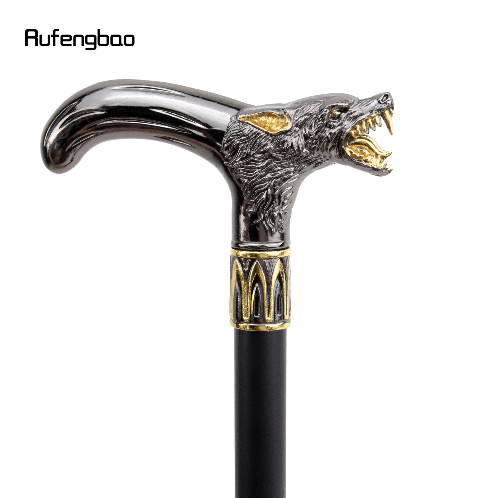 Goldener schwarzer Wolfskopf-beißender Gehstock mit versteckter Platte, Selbstverteidigung, modischer Gehstock, Platte, Cosplay, Crosier-Stick, 93 cm