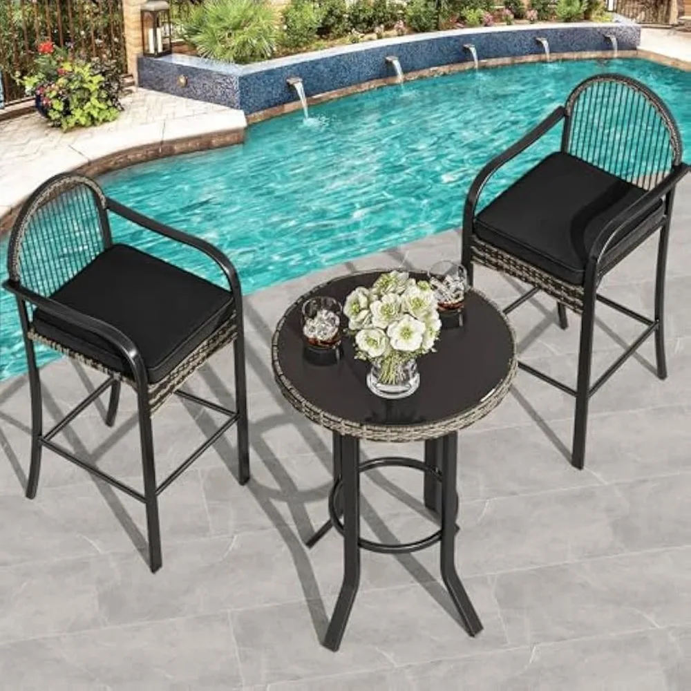 3-Piece Outdoor Wicker Bar Height Set with Cushioned Barstools, Patio Bistro Furniture for Balcony and Poolside, Black
