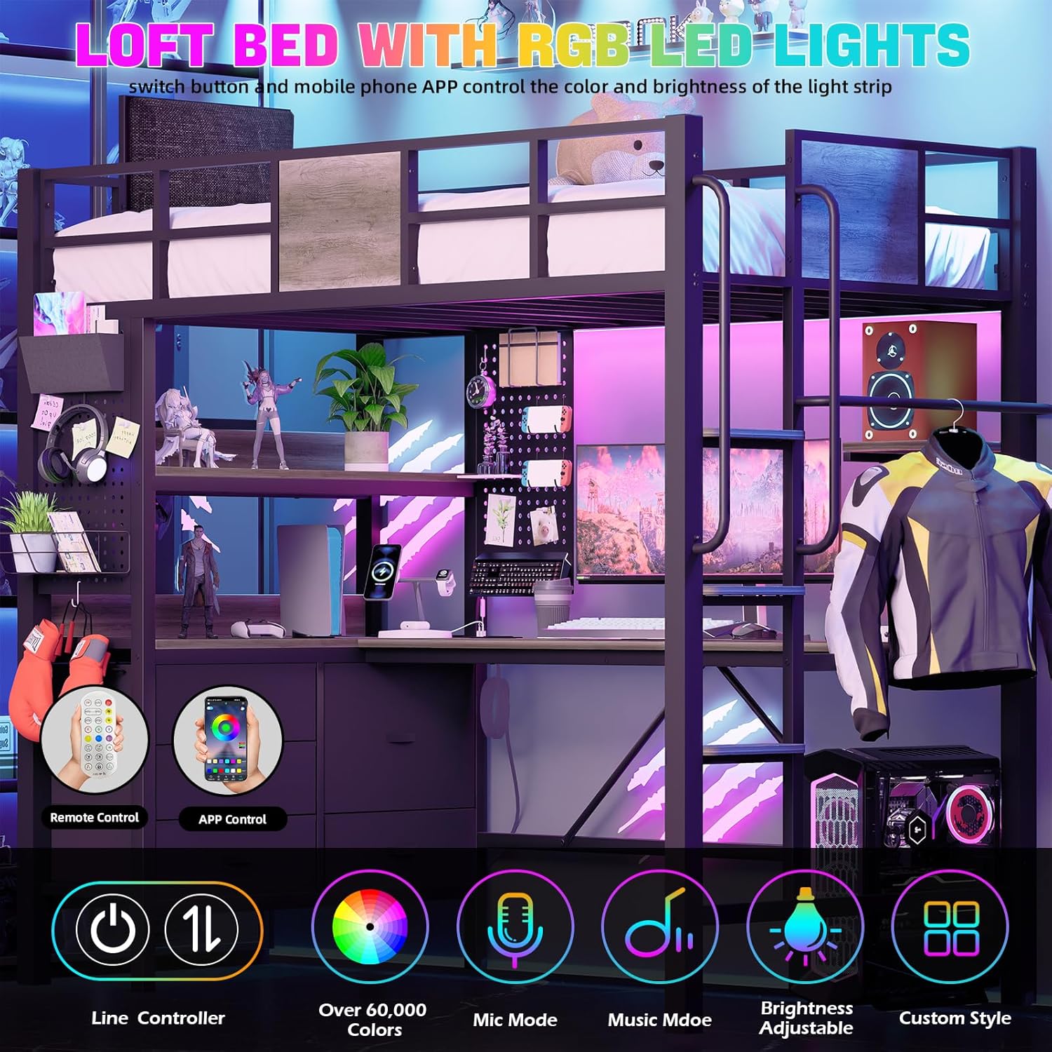 Bed with Desk Underneath Loft Bed with Desk RGB LED Lights, and Charging Station,Loft Bed with Drawer Cabinets and Pegboards