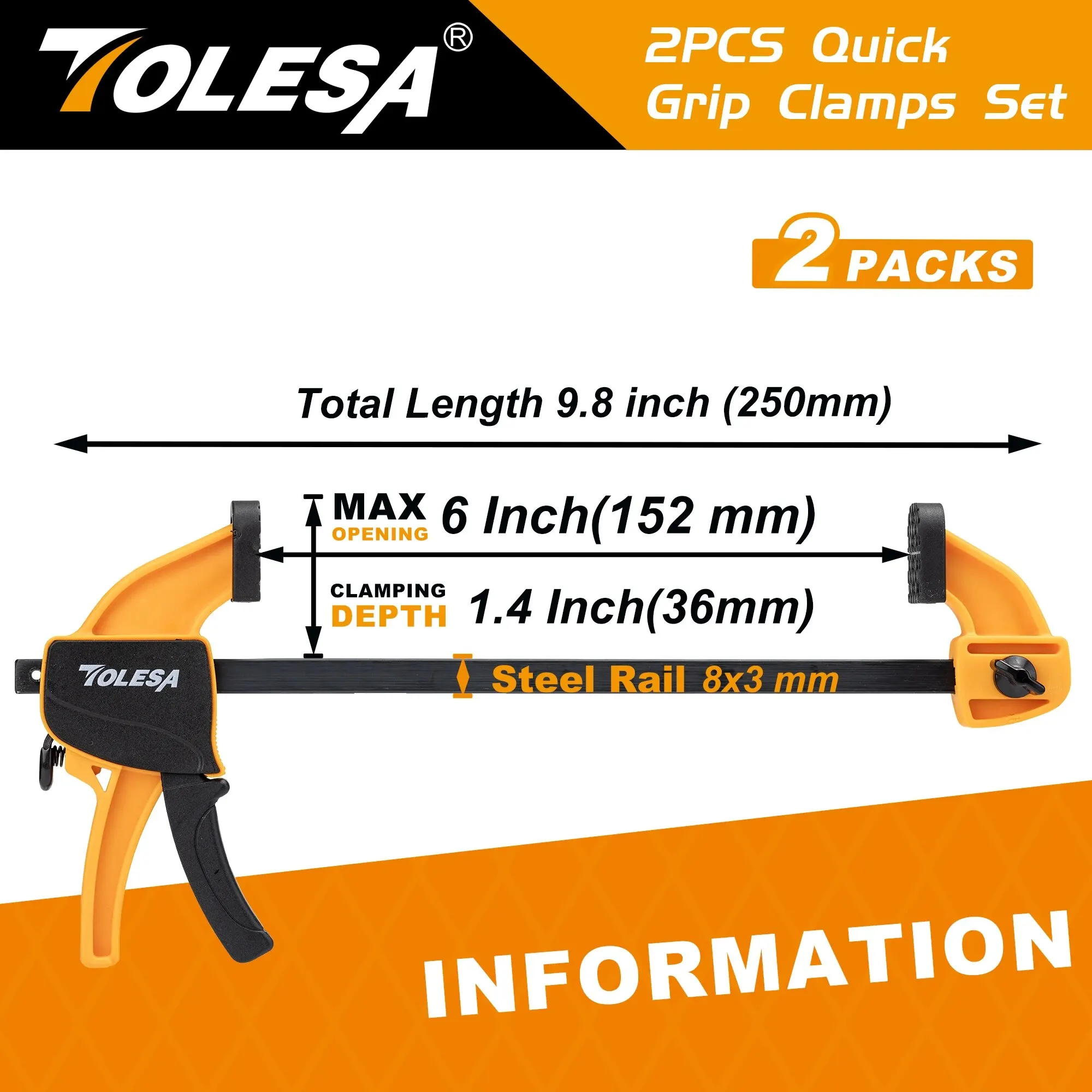 TOLESA 4"/6" Bar Clamps for Woodworking, 2PCS One-Handed Clamp / Spreader, Wood Clamp Set, Light-Duty Quick-Change F Clamp