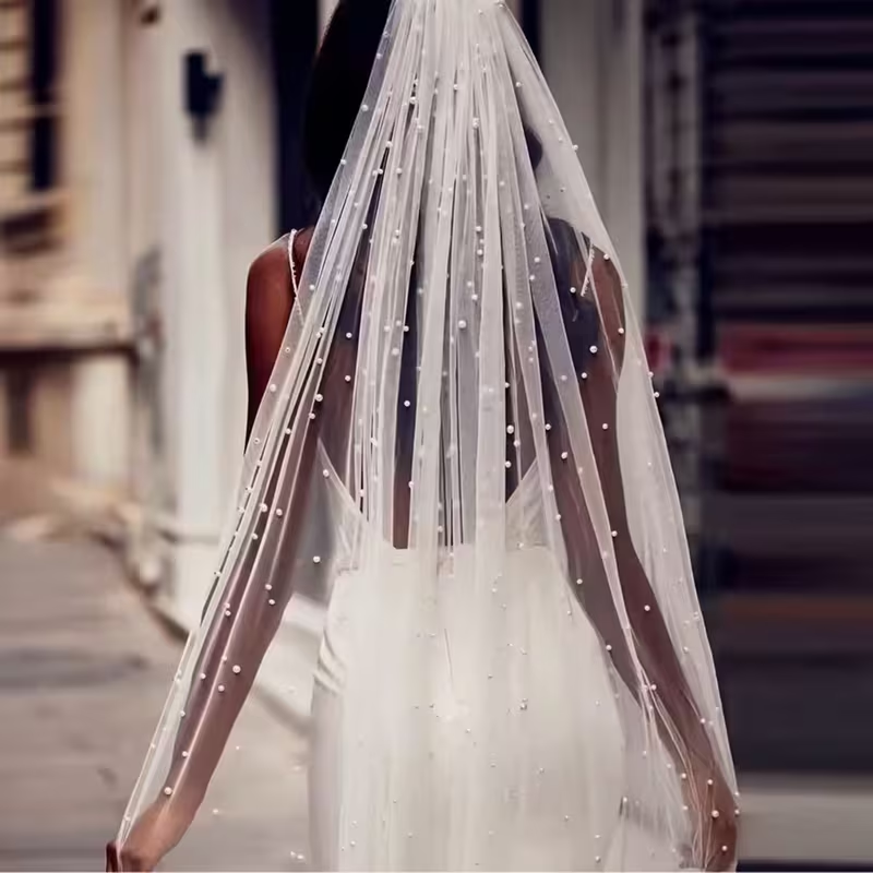 3 Meters Long Pearl Beaded Bridal Veil One Layer Long Wedding Marriage Accessories for Women