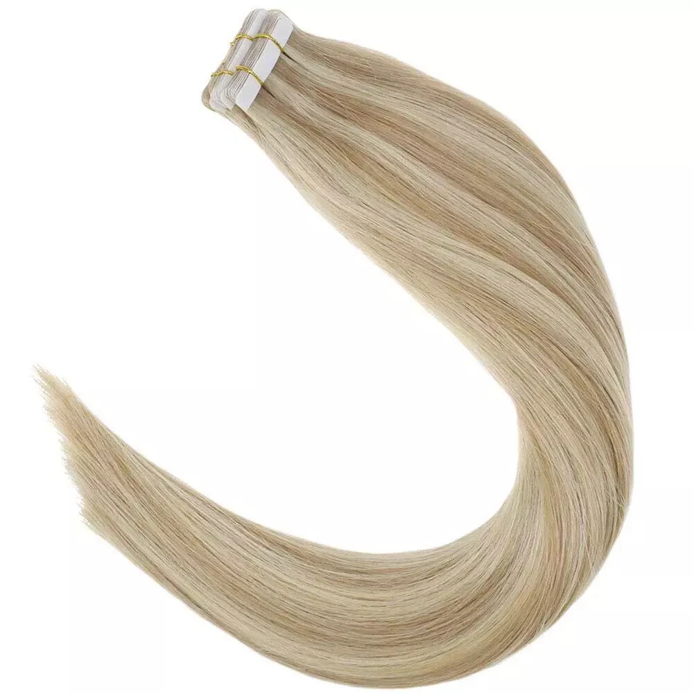 目に見えないヘアエクステンションのシームレスなテープ,本物の人間の髪の毛,金髪のハイライト,16〜26インチ