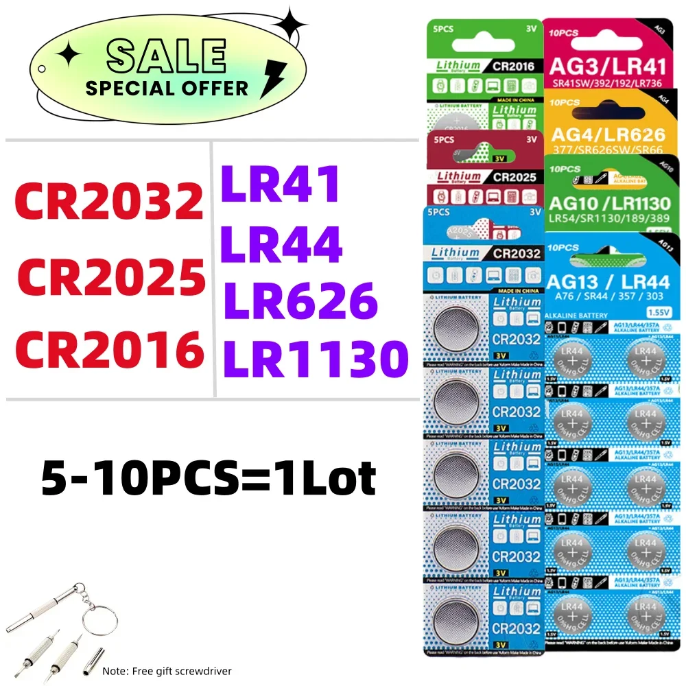 5-10 Uds CR2032 CR2025 CR2016 LR41 LR44 LR626 LR1130 batería de botón 3V batería de litio para reloj juguete calculadora llaves remotas de coche