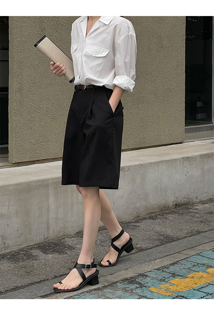 Shorts de perna larga solta de cintura alta feminino com cinto, verão casual