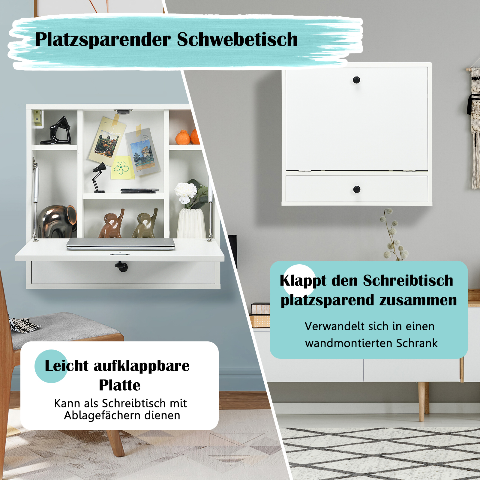 Wandklapptisch, Wandtisch mit Ablagefächern & Schublade, Klapptisch, klappbarer Computertisch, Schreibtisch fürkleine Räume