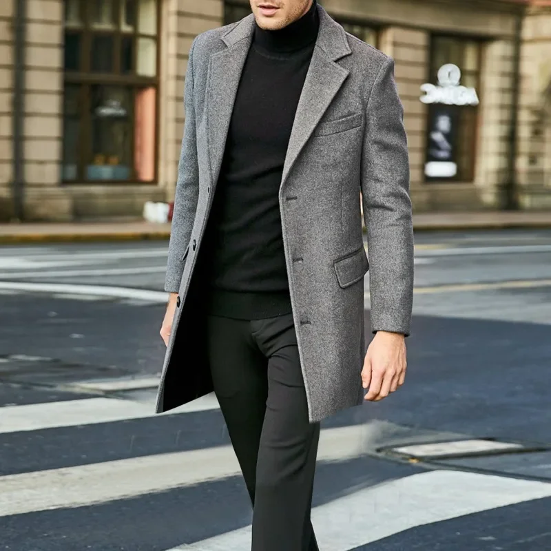 Outono e inverno novo blusão masculino britânico manga comprida casaco de lã moda tendência casaco terno