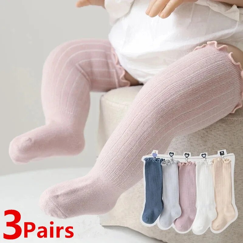 3 paia/lotto neonate calzini pizzo con volant in cotone solido lungo al ginocchio calzini per bambini neonato primavera bambini volant carino Socken