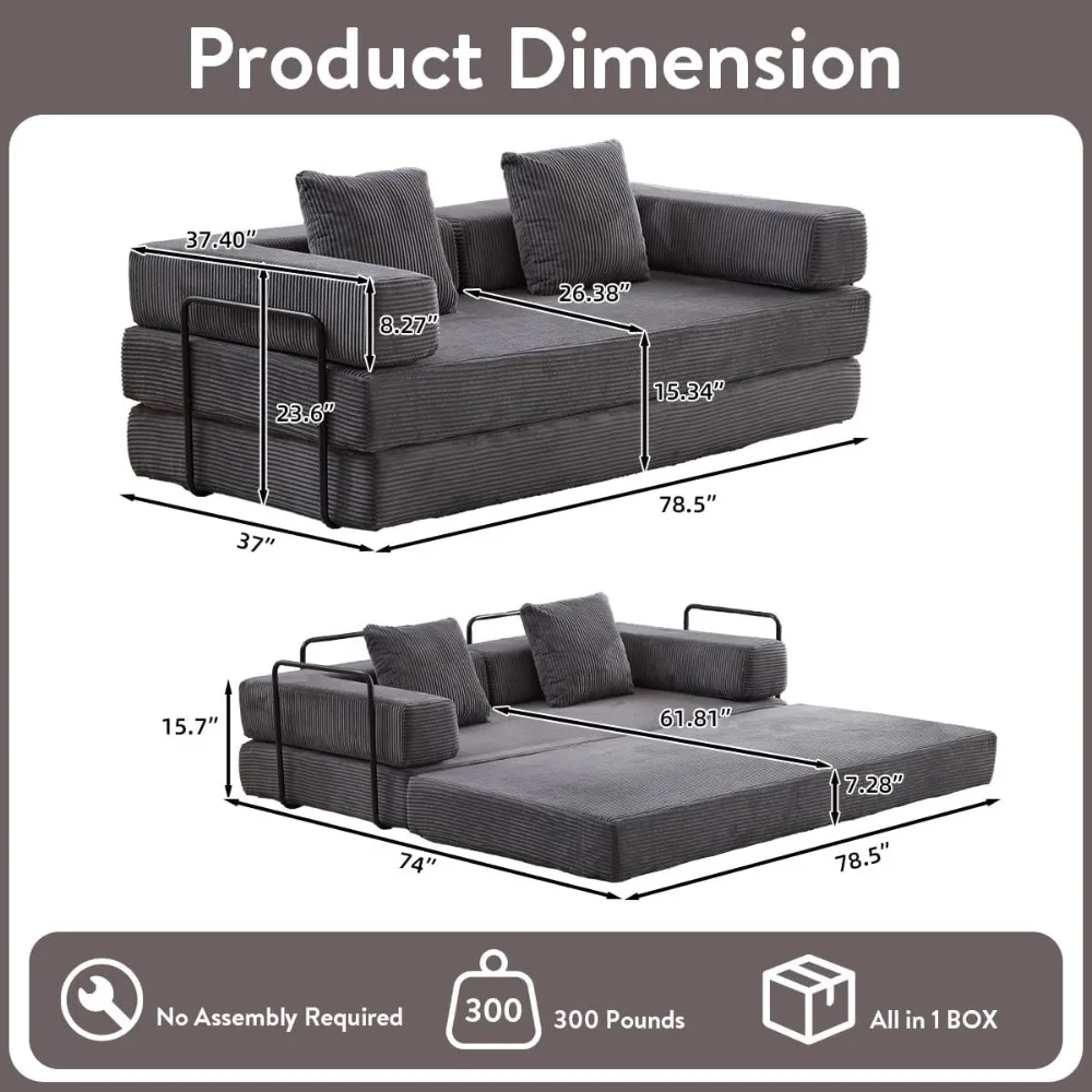 4-in-1 Convertible Folding Sleeper Sofa Bed, Fold Out Floor Sofa Couch with Fixed-Shape Frame, Cloud Corduroy Foldable Mattress
