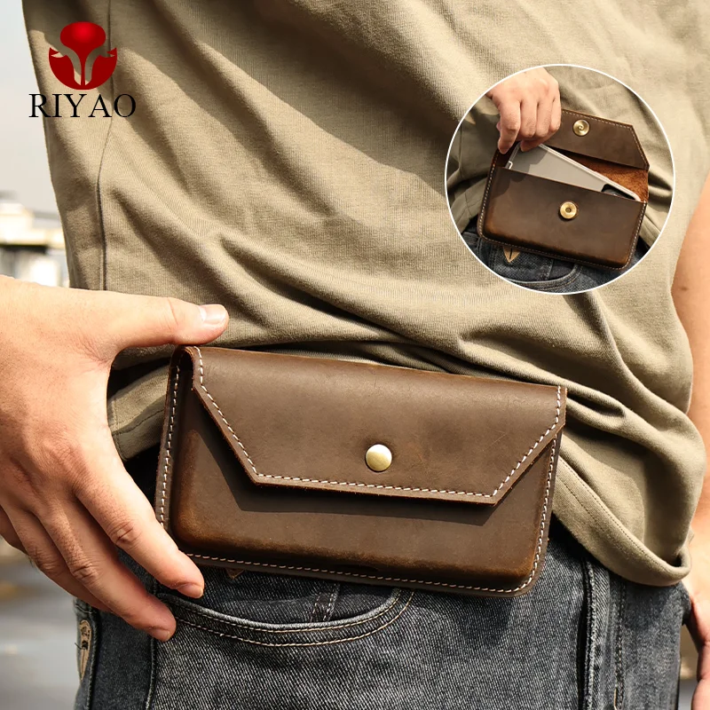 RIYAO-riñonera de cuero genuino para hombre, funda Vintage con tapa para teléfono móvil, funda con Clip para cinturón para iphone y Samsung