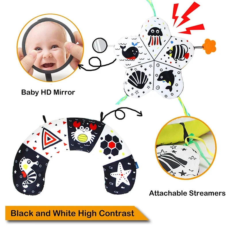 Tummy Time Mirror กิจกรรม Play Mat สําหรับทารกแรกเกิด Sensory Development ความคมชัดสูงสีดําและสีขาวของเล่นเด็ก 0 6 เดือน