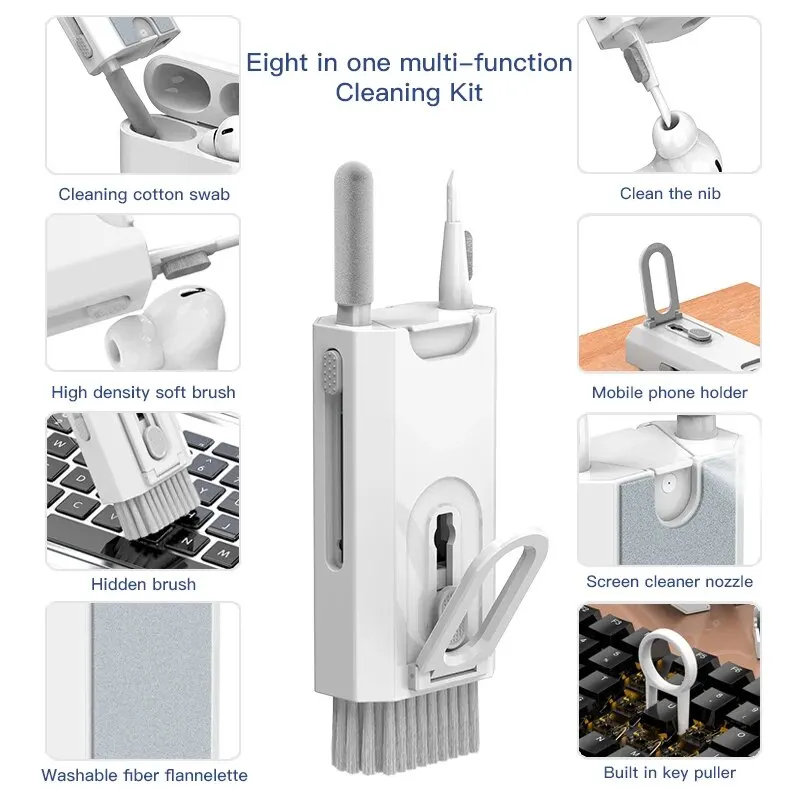 8 IN 1 ชุดทําความสะอาดคีย์บอร์ดสําหรับ AirPods iPhone เครื่องมือทําความสะอาด Keycap PULLER ชุดแปรงหน้าจอหูฟังทําความสะอาดปากกา