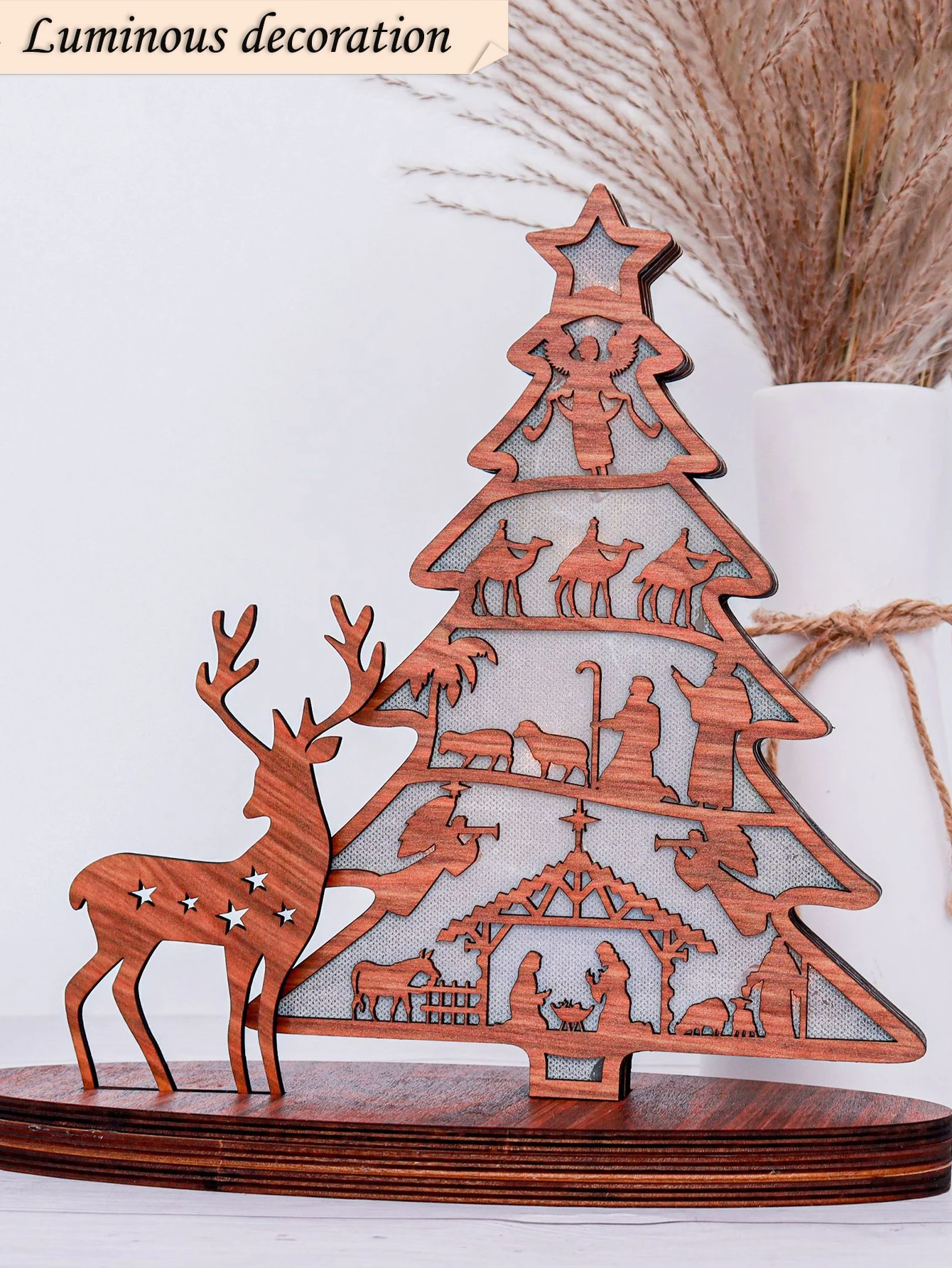 Adornos luminosos de madera con forma de árbol de Navidad, decoración navideña de alce, para fiestas, 3 piezas