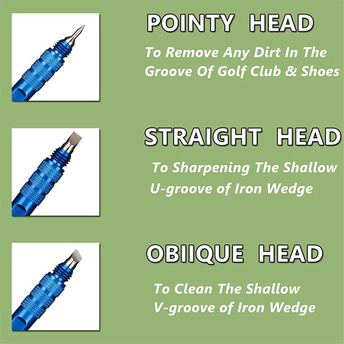 A71P Apontador de ranhuras para tacos de golfe 3 em 1, ferramenta de limpeza de tacos de golfe com cabeças substituíveis e mosquetão retrátil