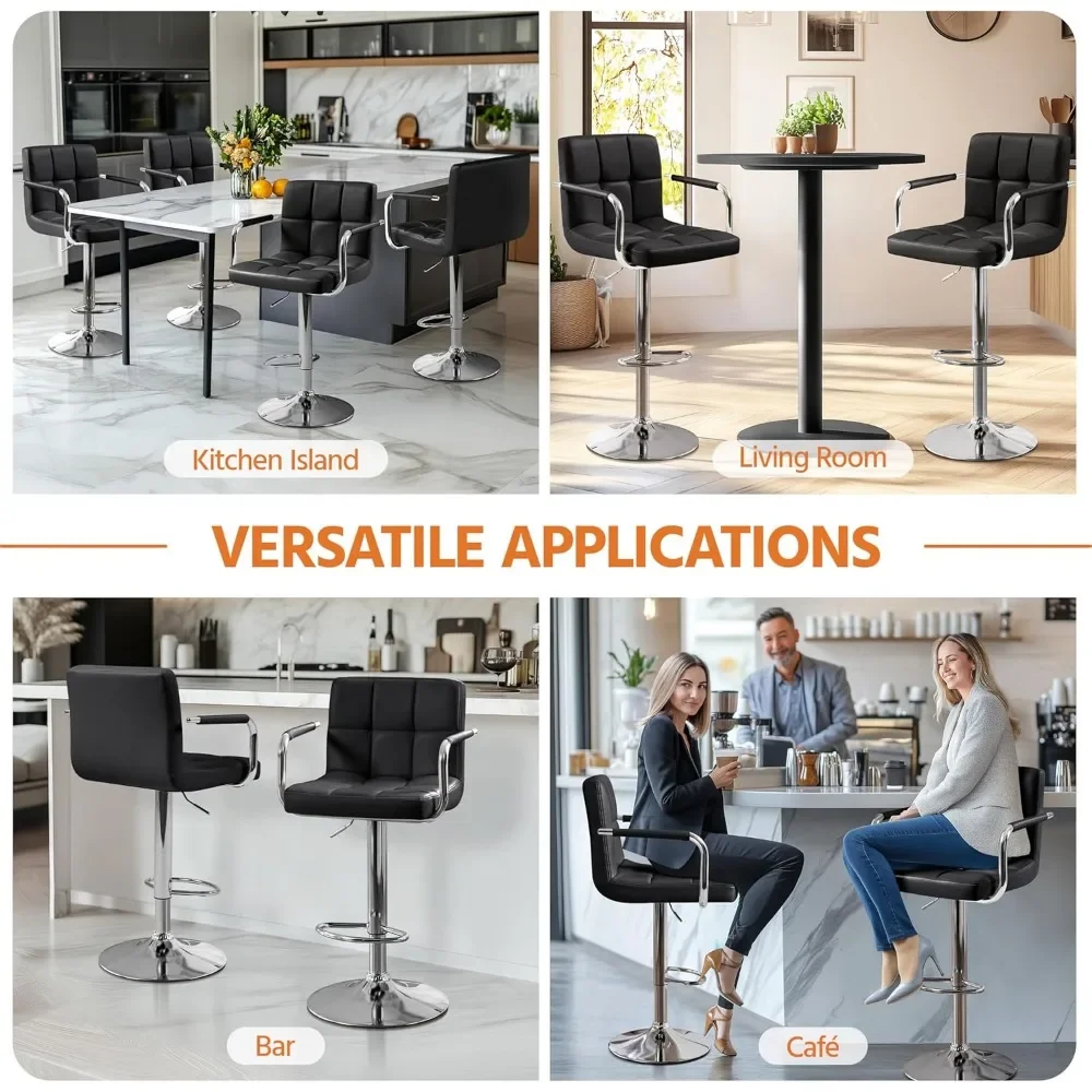 Bar Stools Set of 2, PU Leather Adjustable Swivel Barstools, Hydraulic Kitchen Counter Height Bar Chairs w/Armrest and Back