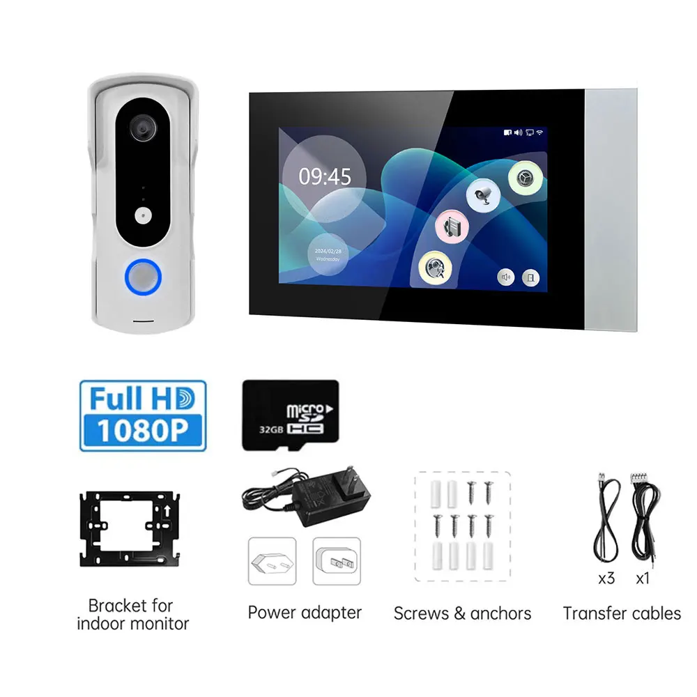 2 Wire Smart Home Tuya Wifi 1080P Video Intercom Video Door Phone 7'' Color Touch Screen Camera Doorbell Door Security System