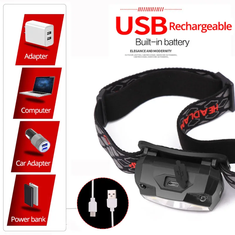 Linterna frontal LED XPE + COB con Sensor de movimiento, 6 modos, recargable por USB, resistente al agua, para acampar, correr, pescar