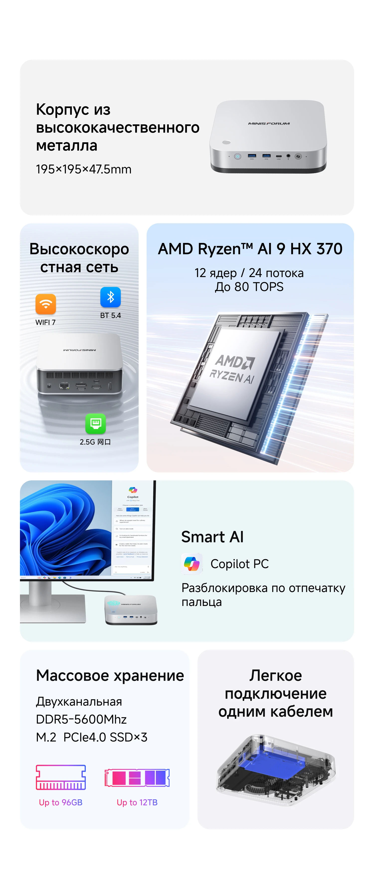 MINISFORUM AI X1 Pro Mini PC AMD Ryzen AI 9 HX 370 DDR5 96GB 2TB WiFi 7 Copilota AI 135W Adattatore Dual 2.5G LAN Ufficio PC Gaming