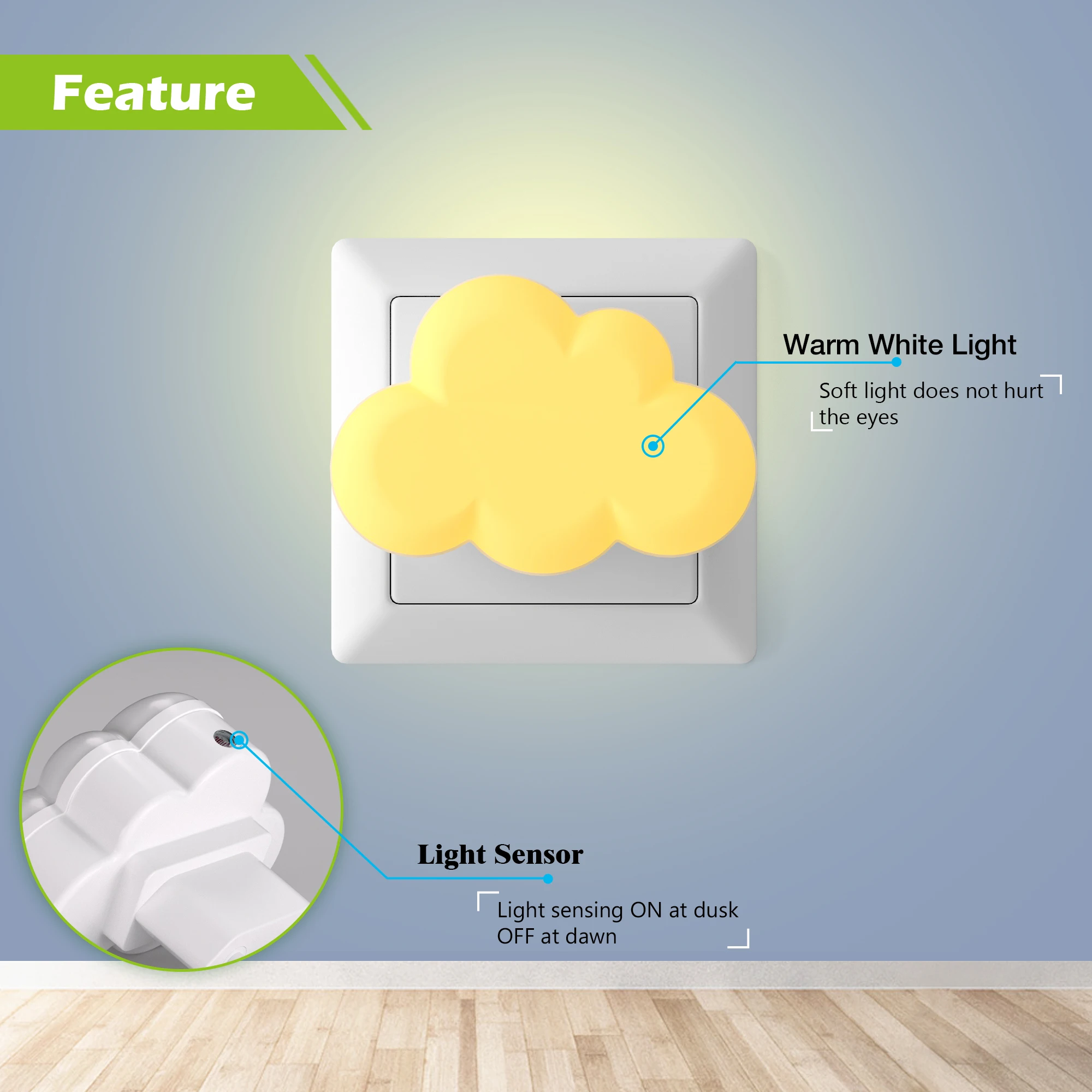 Luces nocturnas con Sensor de luz LED, luces nocturnas con forma de nube de encendido/apagado automático para niños, dormitorio, escalera, pasillo, lámparas de noche para cabecera de cama